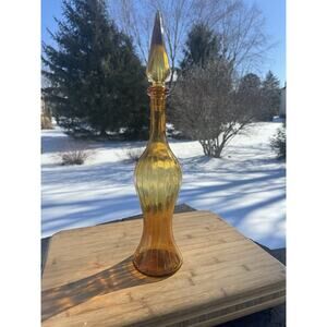 Vintage Empoli Italian Glass Genie Bottle Decanter Amber Gold Paneled 19” MCM